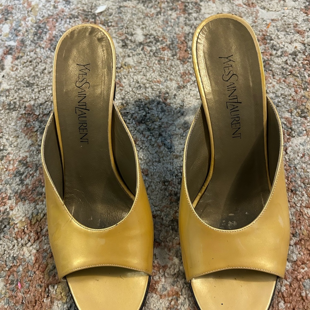 Vintage Yves Saint Laurent Women's Yellow Open-Toe Mules. Selling as is